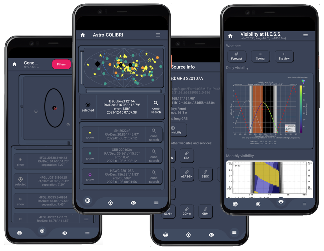 Overview of the Astro-COLIBRI 2.0 mobile app screens