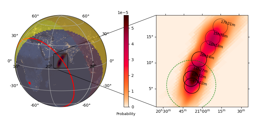 H.E.S.S. coverage of the gravitational-wave event GW190728_064510, with the visible sky from Namibia and the telescope pointings over the localisation map
