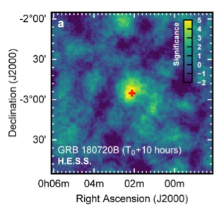 H.E.S.S. significance map of GRB 180720B 10 to 12 hours after the burst, with the optical position marked by a red cross