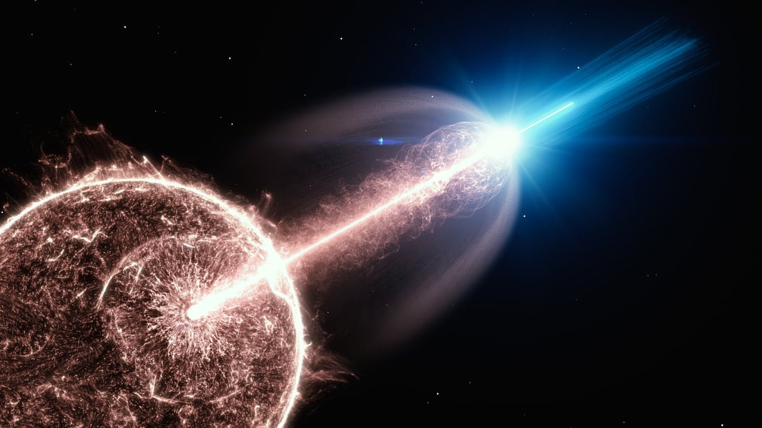 Artist's impression of a gamma-ray burst jet breaking out of a collapsing star