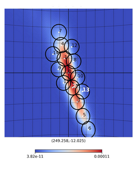 Gravitational-wave probability sky map covered by a numbered sequence of circular telescope pointings planned with tilepy
