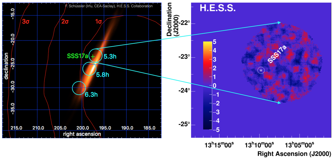 H.E.S.S. pointing directions of the first night of follow-up observations over the GW170817 localisation map, and the significance map around the optical counterpart SSS17a