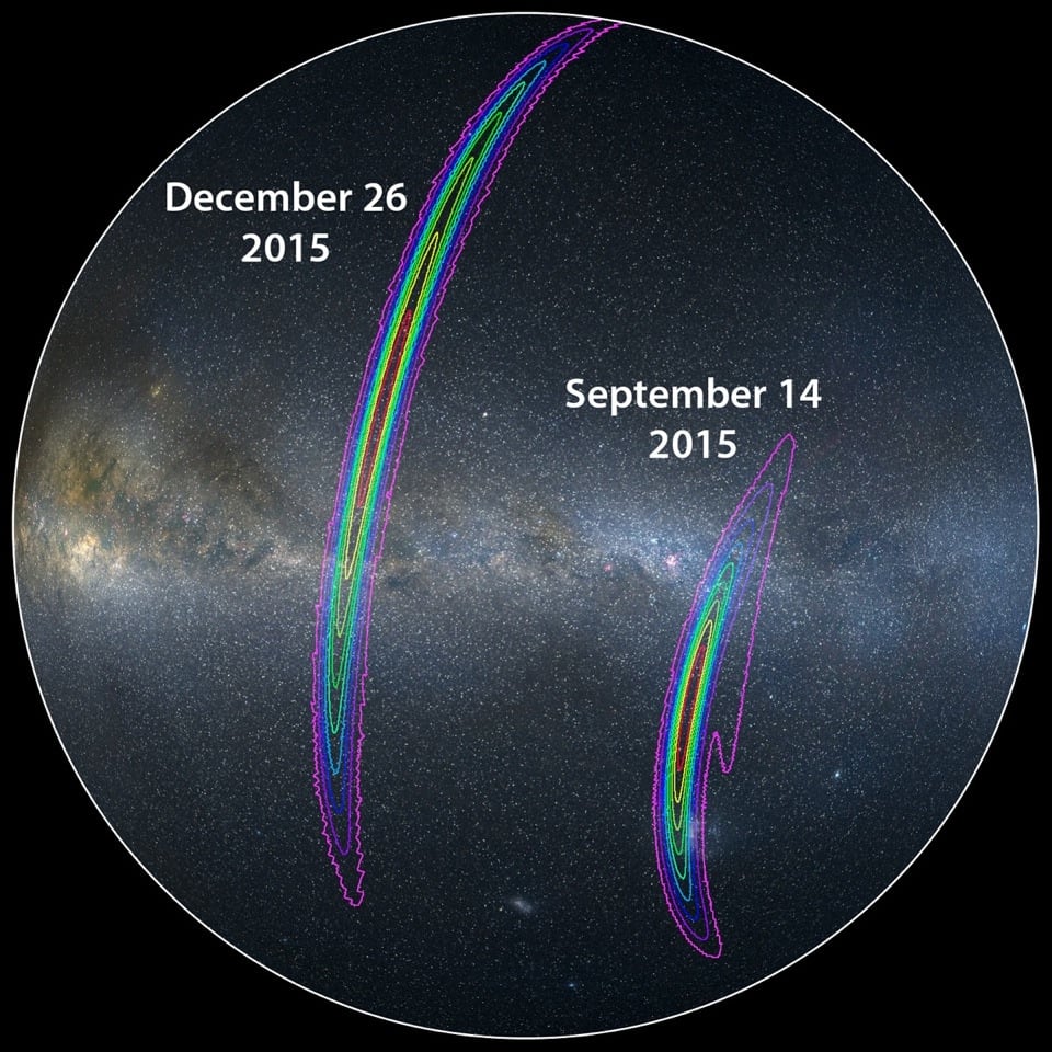 The Milky Way with the localisation regions of the first gravitational-wave events